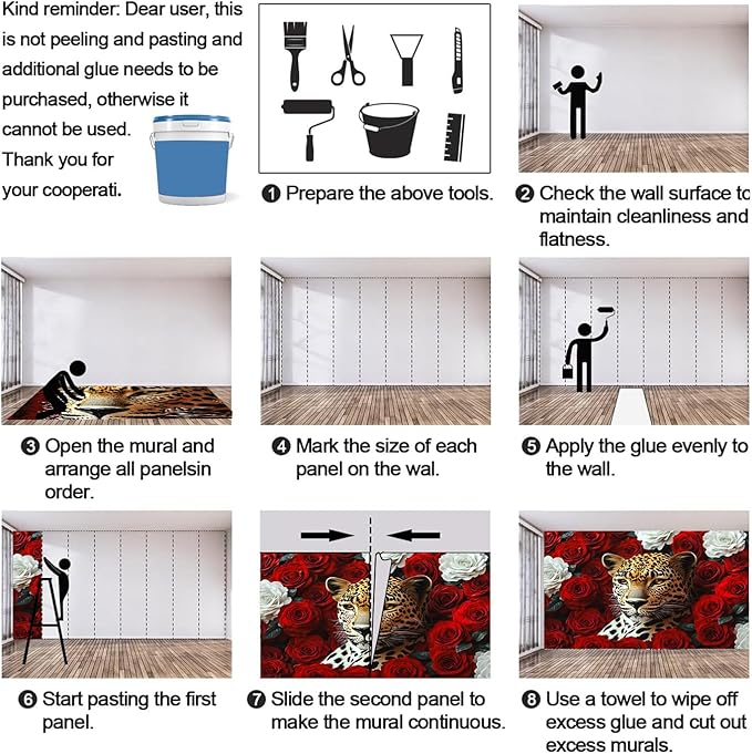 Leopard Mural Wallpaper, Floral Leopard Murals, 3D Wild Animal Murals, Wallpaper for Living Room Bedroom Boy Girl Room Home Decor Mural (Not Peel Stick)