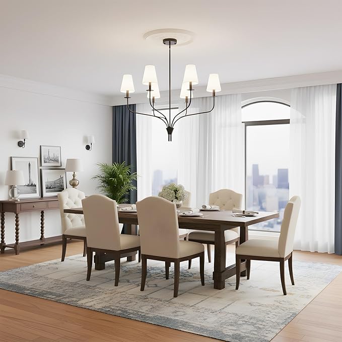 30" Modern Black Chandelier for Dining Room - 6-Light Pendant Lighting Fixture with White Fabric Shade, Mid Century Ceiling Light for Living Room Bedroom Kitchen Island, E12