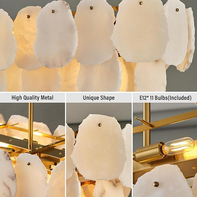 Alabaster Rectangle Chandelier for Dining Room, L39in Modern White Marble Chandeliers, Luxury Natural Spanish Brass Alabaster Chandelier Over Table for Kitchen Island Living Room Dining Table