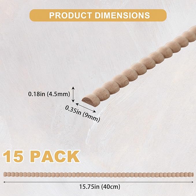 15-Pack 15.75" Unfinished Wood Beaded Trim - Easy to Paint, Cute Decorative Molding DIY Craft for Furniture Frame, Mirror Edge, Wall, Door, Closet, Dresser, Shelf