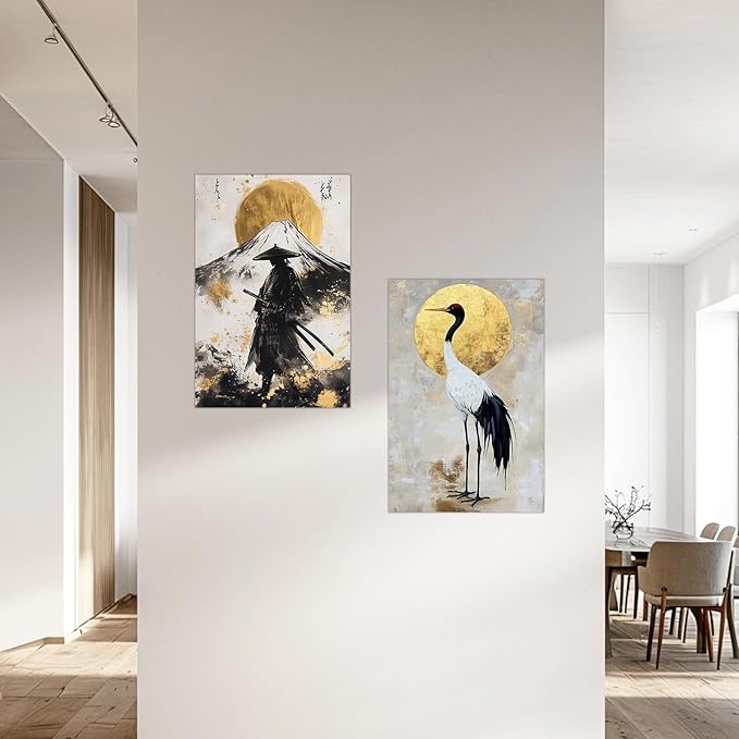 SWQYLB Japanese Wall Art 2 Piece Samurai Art Wall Decor Japanese Landscape Pictures Canvas Prints Asian Oriental Home Decor Framed (Gold, (12"x16"x2 Pieces))