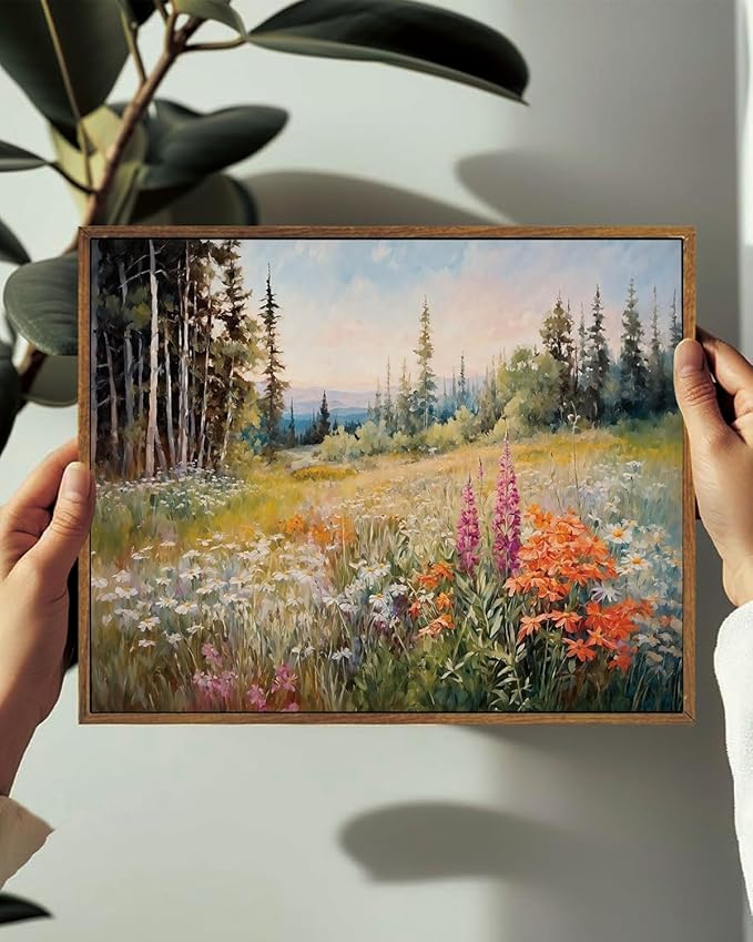 KISSFOX Vintage Framed Wall Art Mountain Meadow Wildflower Landscape Colorful Canvas Art Nature Serene Countryside Paintings Artwork Farmhouse Rustic Art Prints For Bedroom Bathroom Living Room