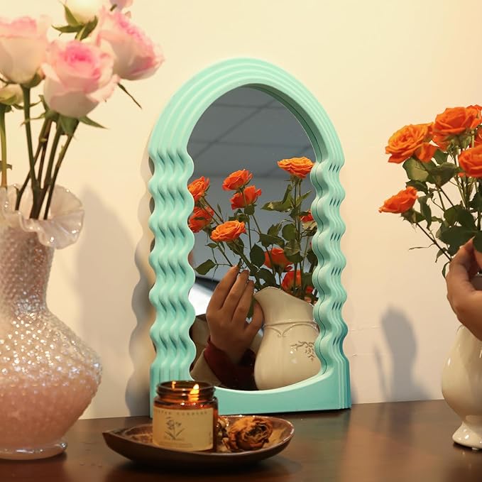 Arched Wall Mirror Home Office Decor, Cute Wall-Mounted Decorative Mirrors for Modern Apartment Bedroom Nusery Room Decoration, Hanging Wall Art Above TV Desk Table Decor (Turquoise Blue)