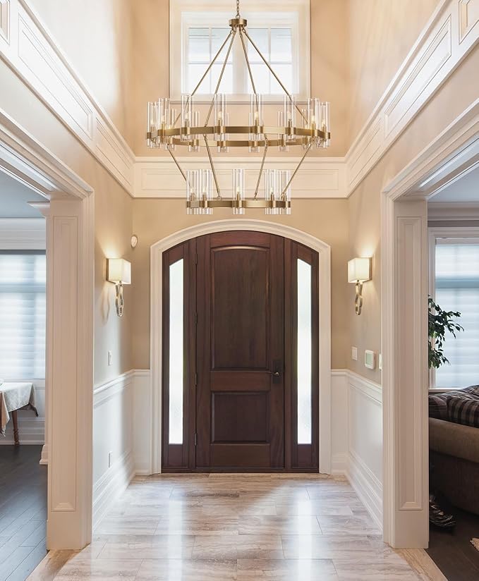 Large Gold Chandelier,24-Lights Wagon Wheel Chandelier with Glass Shade,48 Inch Round Industrial High Ceilings Pendant Lighting Fixture for Dining Living Room, Kitchen Island, Foyer