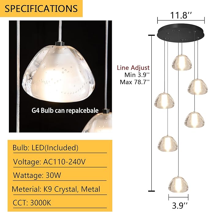 6-Lights Modern Crystal Chandelier for Entrance LED Pendant Light for Kitchen Island Foyer Living Room Bedroom Staircase 3000K