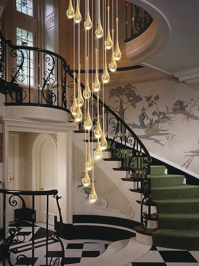 138'' High Ceiling Chandelier for Entryway Gold Raindrop Crystal Chandeliers for Living Room Foyer Staircase Flush Mount Sloping Ceiling Pendant Light Fixture LED Dimming 2700k-6000k