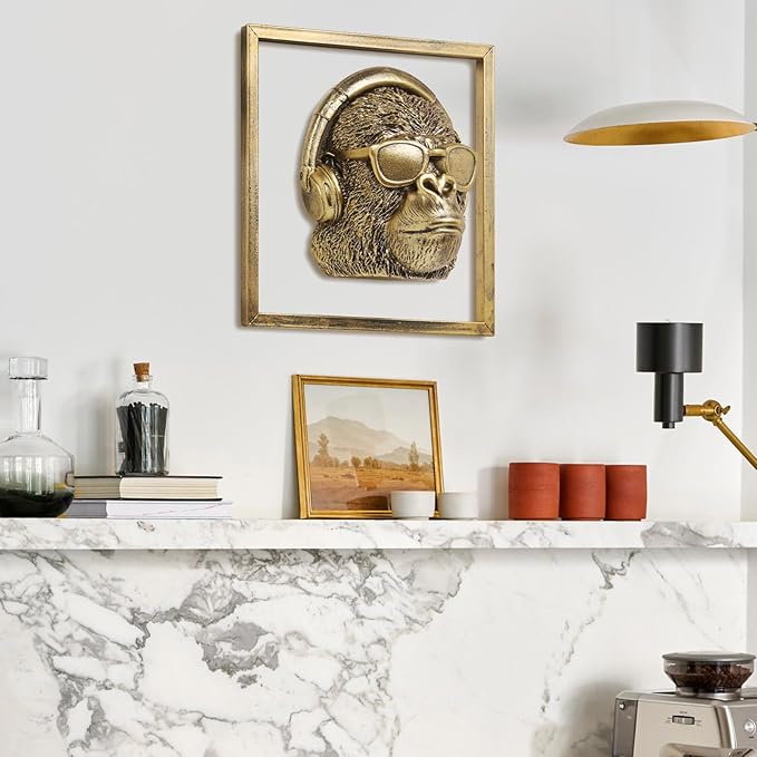 Newinhome Animal Heads Wall Decor (Includes Metal Frame) Resin Animals Sculptures Head Wall Hanging Decoration Gold vintage Wall Sculpture for Living Room Bedroom Office (Gorilla)