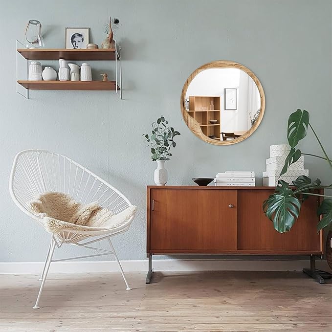 AOAOPQ Beige Wood Framed Mirror for Wall 20x20 Inch Rounded Mirror Bathroom Vanity Mirror Farmhouse HD Glass Hangs Mirrors