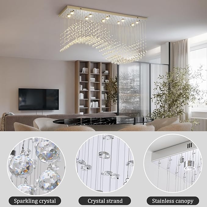 Modern Rectangle Crystal Raindrop Chandelier: 47" Long Chrome Dimmable Led High Ceiling Chandeliers with Remote - Silver Wave Raindrop Flush Mount Ceiling Light Fixture for Dining Living Room Kitchen