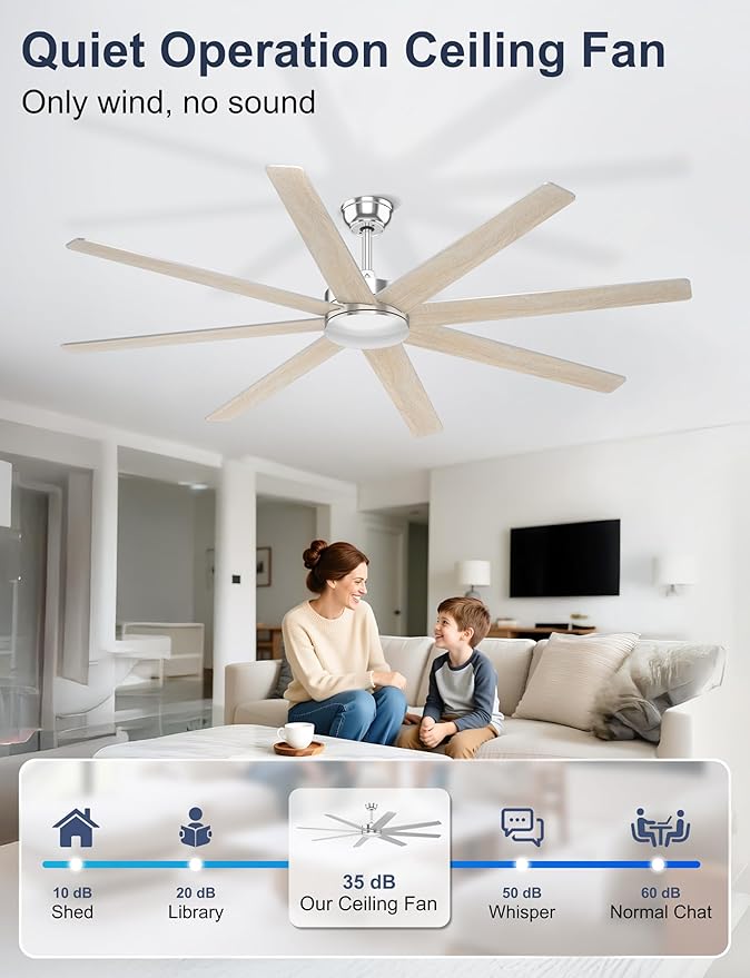 72'' Silver Ceiling Fans With No Lights, 8 Blades Large Ceiling Fan Remote/APP Control, Silent Shop Ceiling Fan for Garage Covered Outdoors