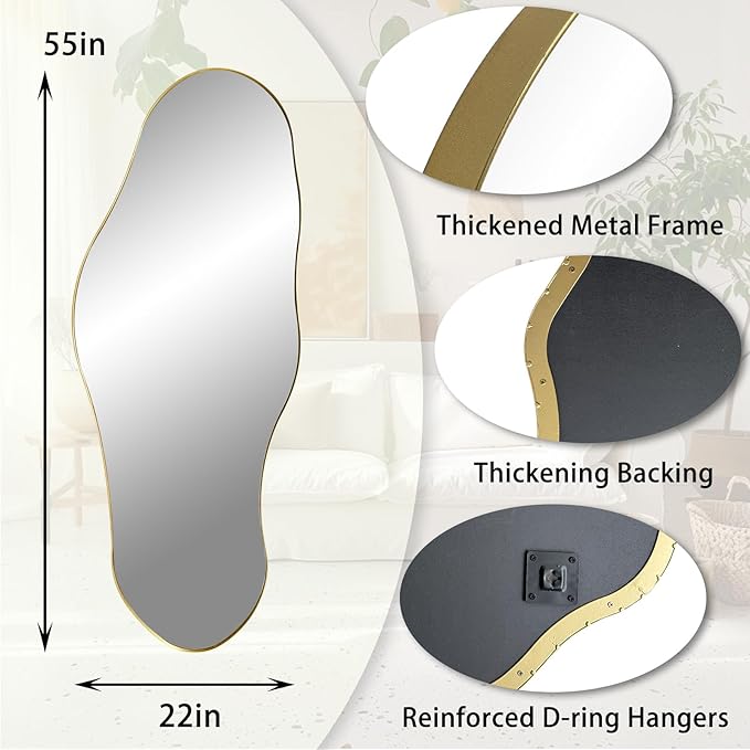 Large Asymmetrical Mirrors, Gold Irregular Shaped Mirror, 55"x22" Abstract Wall Mirror Decorative, Modern Funky Mirrors for Living Room Bathroom Bedroom Hallway Entryway Fireplace