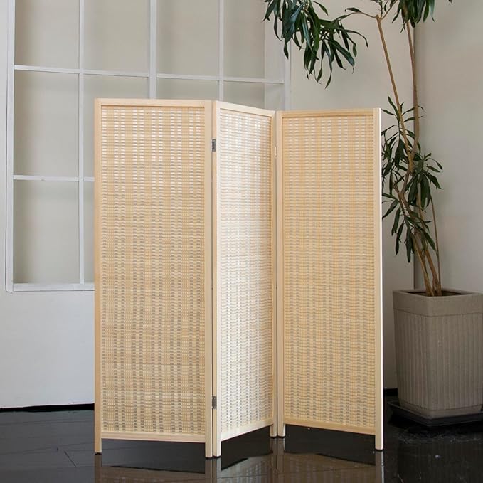 3 Panel Short Room Divider Folding Screen,47 inch Bamboo Panel Divider for Home Partition,Beige