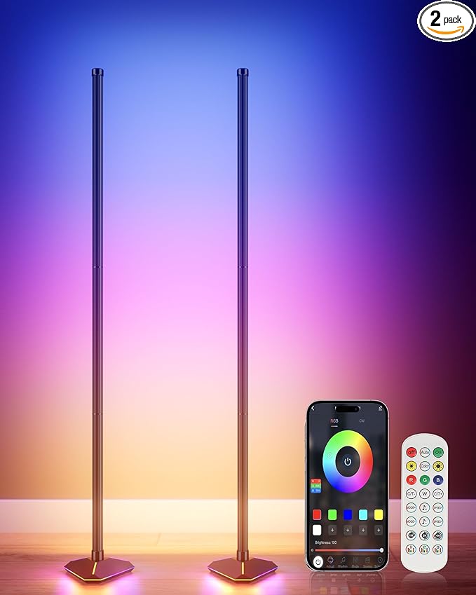 2PCS Floor Lamp with Illuminate Base, 50" RGB+IC Cool White LED Floor Lamp Color Changing 24V with Music Sync 16 Million DIY Colors Modern Smart Stand Lamp for Bedroom, Living Room, Studio