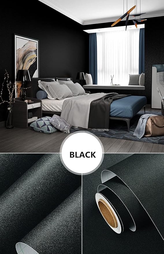 23.4in x197in Black Wallpaper Peel and Stick Film Removable Self Adhesive Black Contact Paper for Cabinets Bedroom Bathroom Wall Covering Matte Textured Waterproof DIY Decorative