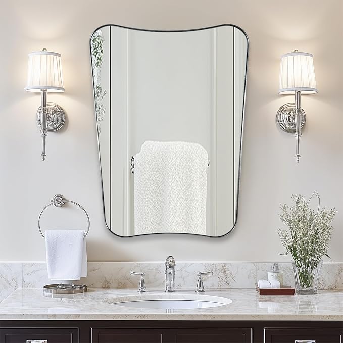 ANDY STAR Brushed Nickel Asymmetrical Wall Mirror, 24x32 Inch Bathroom Vanity Mirror, Butterfly Shaped Designer Mirror Ideal for Home Remodel, Anti-Rust Stainless Steel 1’’ Thin Frame