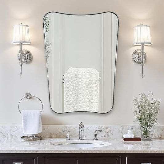 ANDY STAR Brushed Nickel Asymmetrical Wall Mirror, 24x32 Inch Bathroom Vanity Mirror, Butterfly Shaped Designer Mirror Ideal for Home Remodel, Anti-Rust Stainless Steel 1’’ Thin Frame
