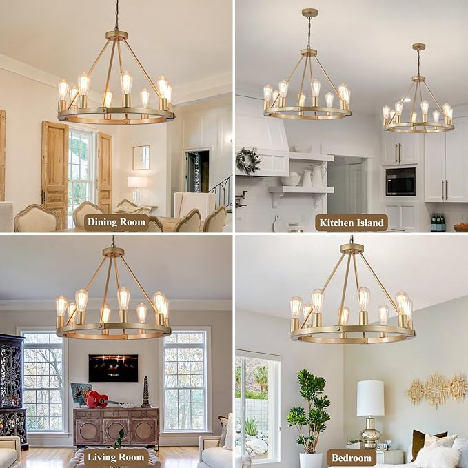 9MMML 23.6“ 8 Lights Golden Wagon Wheel Chandelier, Large Luxury Kitchen Island Pendant Light for Living Dining Room Foyer Entryway,Height Adjustable,E26.
