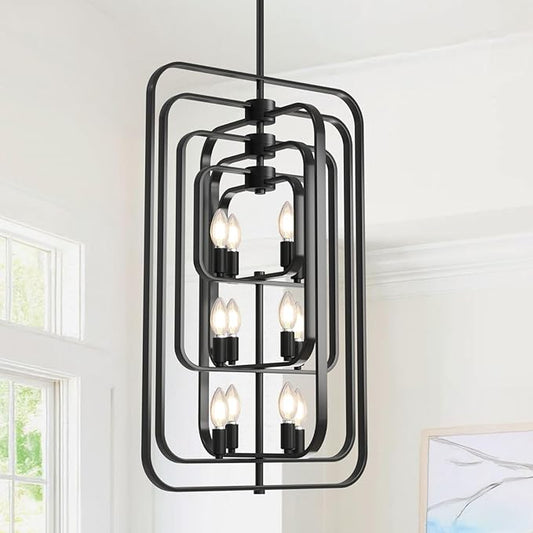 Black Chandelier, 12-Light Farmhouse Chandelier for Entryway, Modern Foyer Lighting Fixtures, Foyer Chandeliers for High Ceilings, Hanging Pendant Lights for Living Room, Staircase, Entry