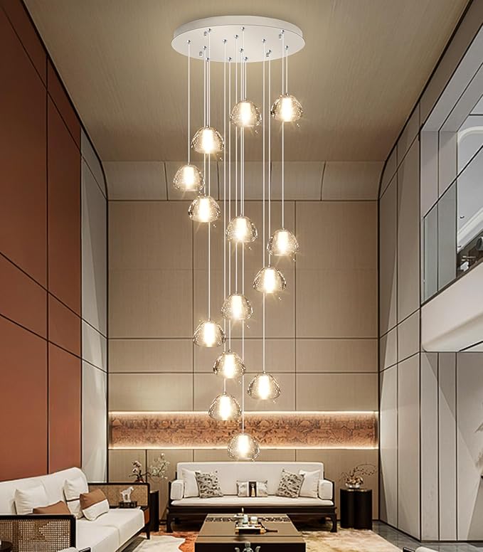 14-Light Modern Chandeliers for Entrance High Ceiling Chandelier Long Lights Fixture LED Ceiling Light Bubble Crystal for Hallway Foyer Stairwell