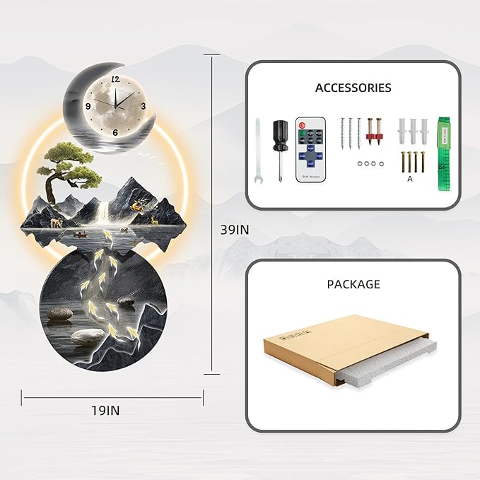 LED Light Art Wall Decor, 3D Art Wall Decor Clock, Decor Wall Sculptures with Lights, Modern Home Decor Landscape Wall Sculpture, Plug-in Power Supply, Blue a, 19x39IN