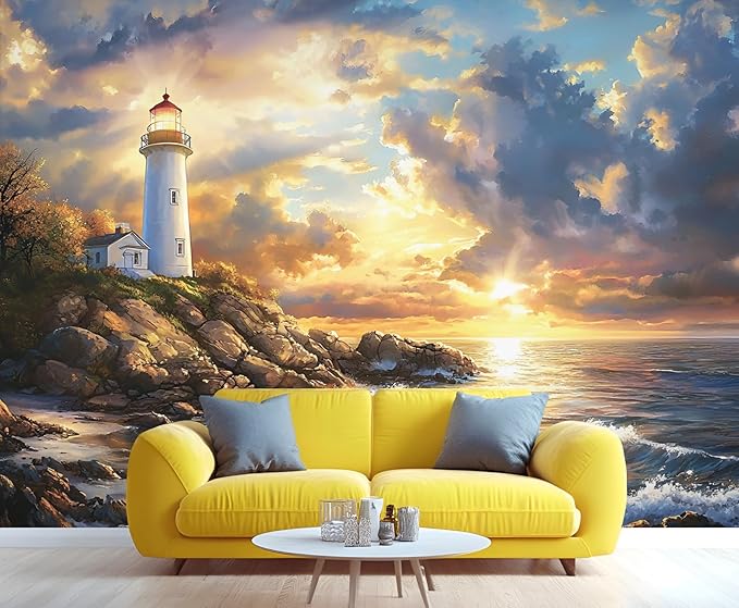 Coastal Mural Wallpaper, Ocean Lighthouse Murals, 3D Sunset Ocean Murals Wallpaper for Living Room Bedroom Home Decor Mural - 137.8" W x 107" H (Not Peel Stick)