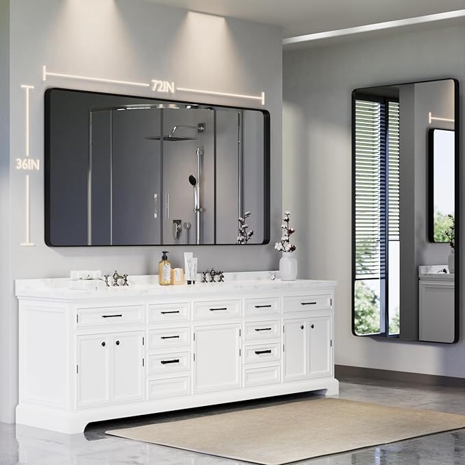Large Bathroom Mirror for Wall, 72x36 Inch Matte Black Framed Bathroom Vanity Mirror for Farmhouse Living Room Bedroom, Anti-Rust, Tempered Glass, Rounded Corner Horizontal/Vertical