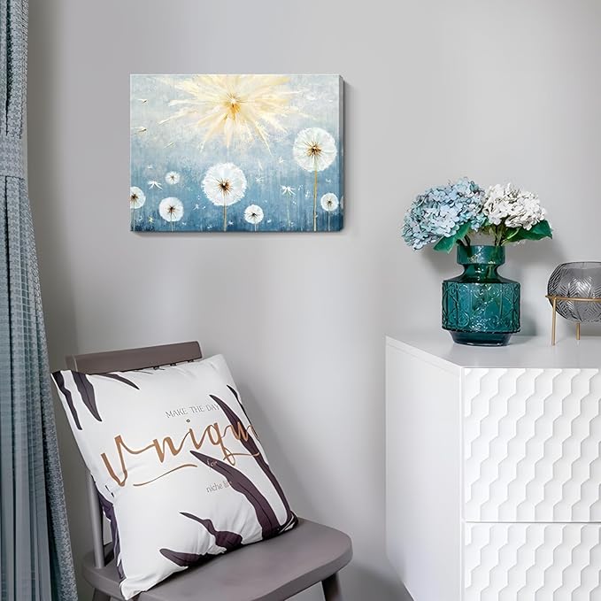 Nicetop Floral Canvas Wall Art – Blue Botanical Dandelion Picture, Inspirational Nature Art Print Wildflower Artwork for Bathroom Bedroom Office or Small Living Room, Rustic Decor16x12 Inch