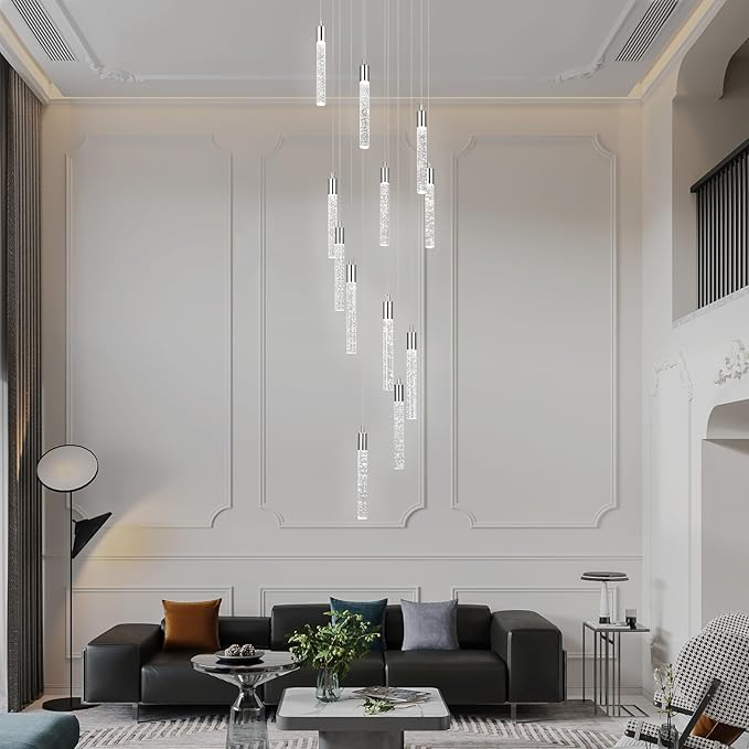 12 Light Living Room Chandelier Chrome Crystal Pendant Lights LED Dimmable 72W 6000K Staircase Large Chandelier Lobby Living Room Foyer High Ceiling Chandeliers