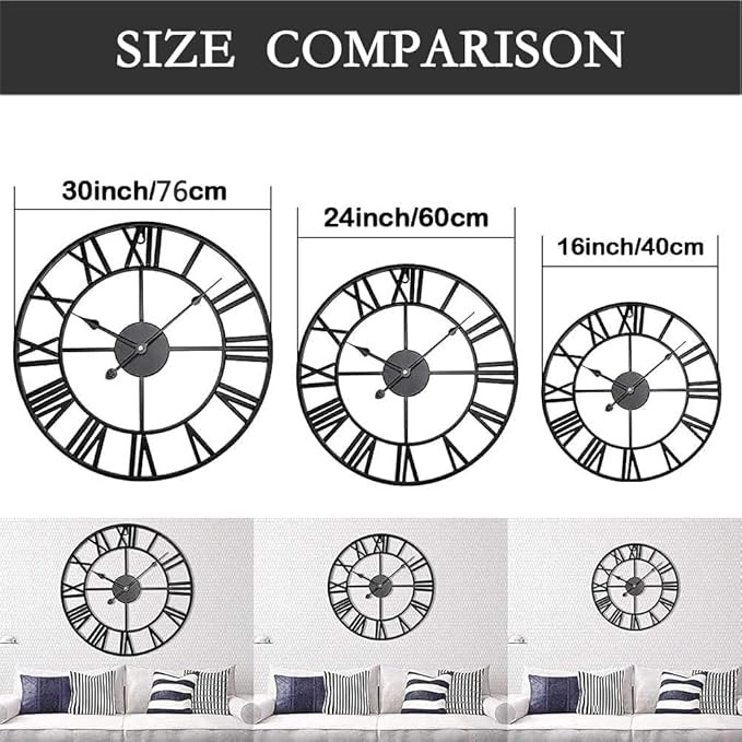 Large Outdoor Indoor Waterproof Metal Wall Clock, Completely Silent, 24 inch Roman Numerals Vintage Art Decor Modern Clocks, Mid-Century Battery Operated Home Decorative for Kitchen,Bedroom,Office