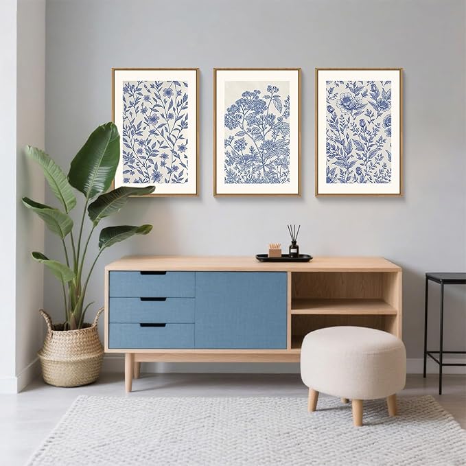 Large Classic Chinoiserie Flower Framed Canvas Wall Art Set,Minimalist Blue and White Floral Wall Decor,Navy Watercolor Botanical Blossom Artwork for Living Room,Bedroom-24 x36 x3