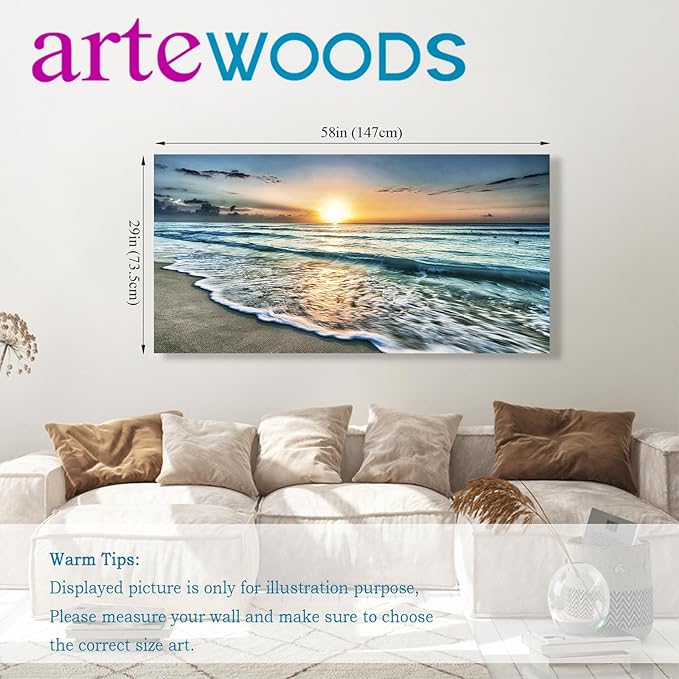 arteWOODS Sunset Beach Canvas Wall Art Ocean Waves Pictures Seascape Nature Painting Print Artwork for Living Room Bedroom Office Home Wall Decor 29" x 58"