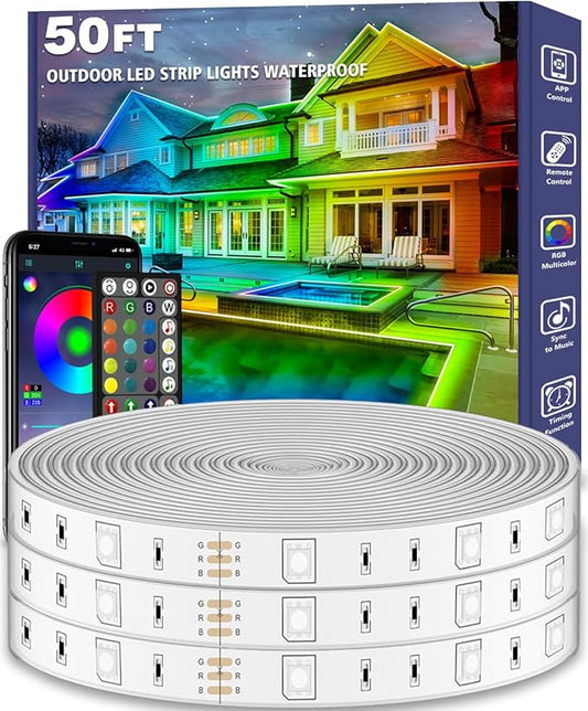 50ft Outdoor LED Strip Lights Waterproof,IP68 Outside Led Light Strips Waterproof with App and Remote,Music Sync RGB Exterior Led Rope Lights with Self Adhesive Back for Roof,Deck