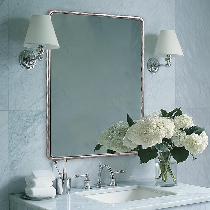 ANDY STAR Hand-Forged Silver Bathroom Mirrors for Wall, 30x40 Inch Vintage Solid Steel Metal Frame Bathroom Vanity Mirror, Antique Rounded Rectangle Wall Mirror, Hangs Horizontally or Vertically