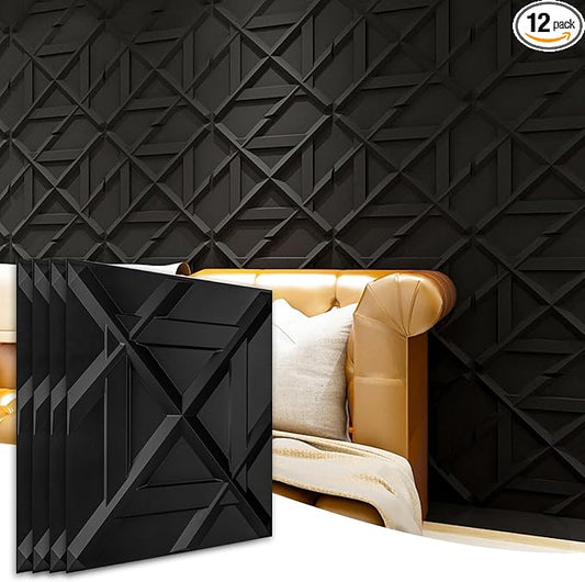 Art3d PVC 3D Wall Panel, Decorative Wall Tile in Black 12-Pack 19.7"x19.7"