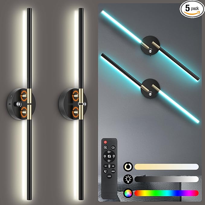 Battery Operated Wall Sconce with 360°DIY Independently Rotate Lamp,Wireless Magnetic Wall Lights with Remote,Timer,Dimmable 3000K-6500K,RGB Wall Sconces Decor for Bedroom,Living Room10000mAh