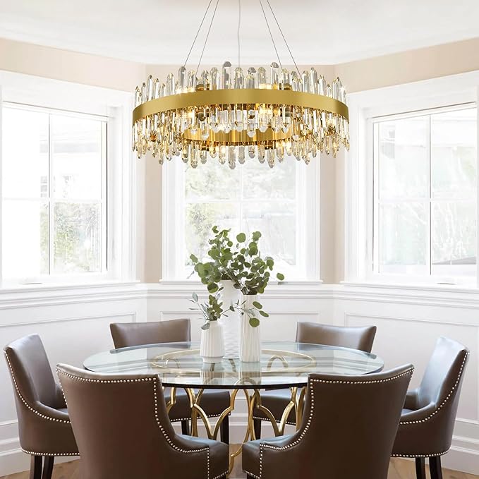 Modern Crystal Chandelier, 16-Lights Round Chandelier for Dining Room 2 Tiers, 32'' Gold Adjustable Raindrop Chandeliers for Bedroom, Dining Chandeliers Over Table for Living Room, Bathroom
