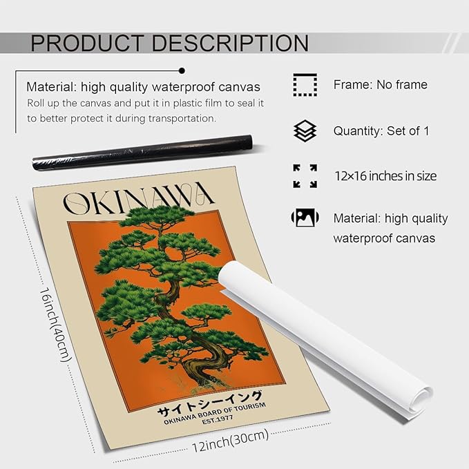 Japanese Canvas Wall Art Orange Okinawa Prints Retro Japanese Bonsai Tree Picture Modern Ukiyo-e Decor Poster for Asian Living Room Bedroom Dorm Bathroom 12x16 inch Unframed