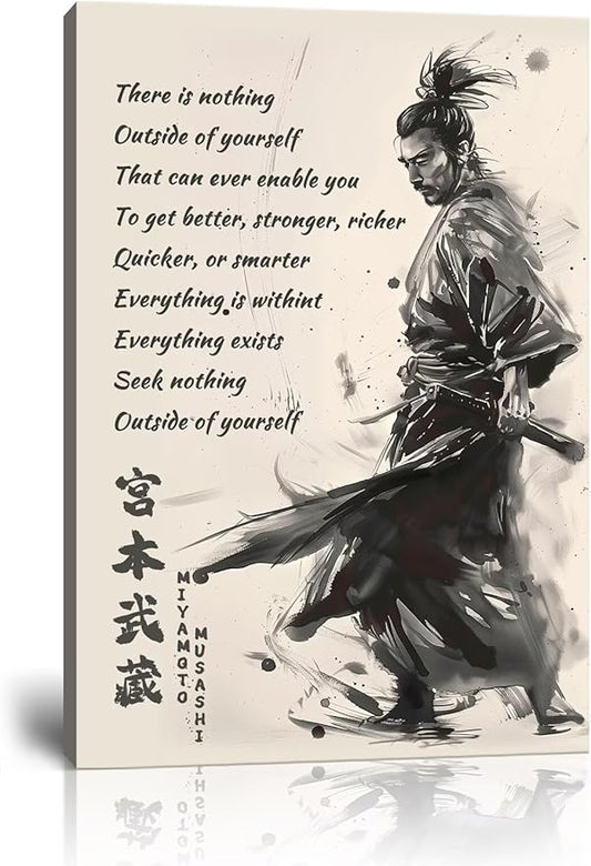 Japanese Samurai Wall Art Miyamoto Musashi Canvas Prints Vintage Japanese Artwork Motivational Poster Inspirational Quotes Painting for Men Bedroom Living Room Office (28''W x 44''H)