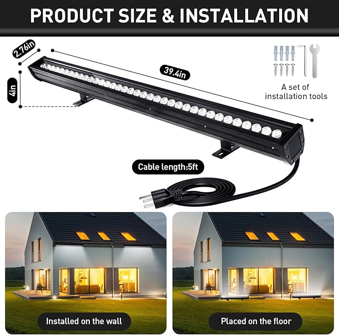 LED Wall Washer Light Bars Super Bright,54W 6000K Daylight White Outdoor LED Light Bar,IP67 Waterproof Heavy Duty Linear Strip Light for Landscape Church Ads Yard Building Lighting(6480 Lumen,40 Inch)