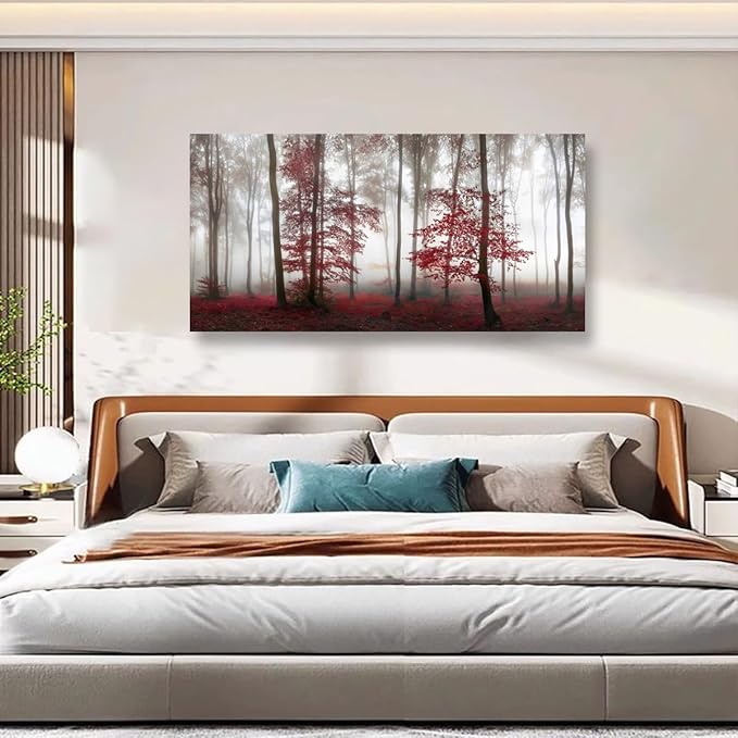 Misty Forest Pictures Canvas Wall Art for Living room Office Bedroom Wall Decor,Forest Wall Art Print Paintings Modern Nature Red Tree Artwork Waterproof Ready to Hang-20x40inch