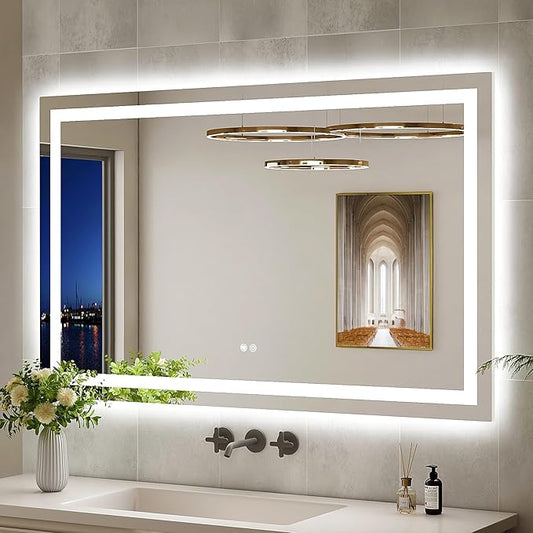 48x30 LED Bathroom Mirror with Lights, Brighter Backlit + Front Lit, Tempered Glass, Dimmable, Multiple Light Modes, Anti-Fog Lighted Bathroom Vanity Mirror for Wall, Memory Function