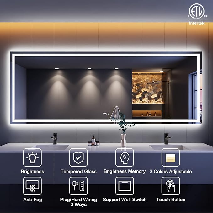96 x 36 Inch LED Bathroom Mirror with Lights, Backlit and Front Lighted Bathroom Mirrors for Wall, Anti-Fog Dimmable Memory Shatterproof LED Vanity Mirror for Bahtorom