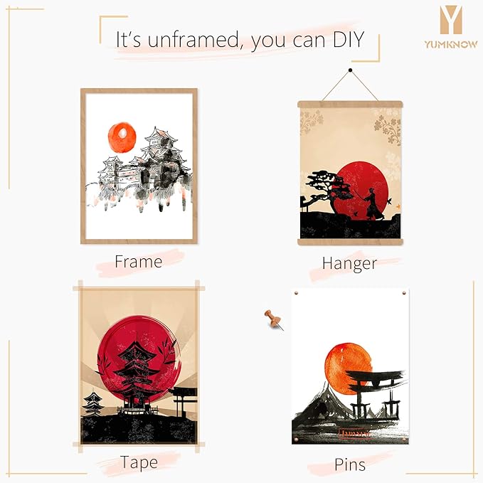 YUMKNOW Japanese Art Wall Decor - Unframed 8x10 Set of 4, Modern Minimalist Asian Oriental Decor for Living Room, Samurai Armor Warriors Prints Posters for Bedroom, Japan Red White Art Office Gifts
