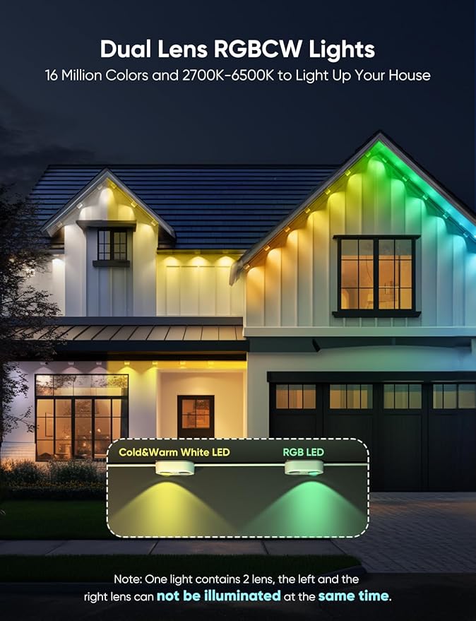 APPECK Permanent Outdoor Lights Pro 200ft, 144W RGBCW Eaves Lights with 144 LED Lights, 80lm, Cuttable, 111 Scene Modes, IP67 Waterproof Lighting for Halloween Decoration, Work with Alexa, White