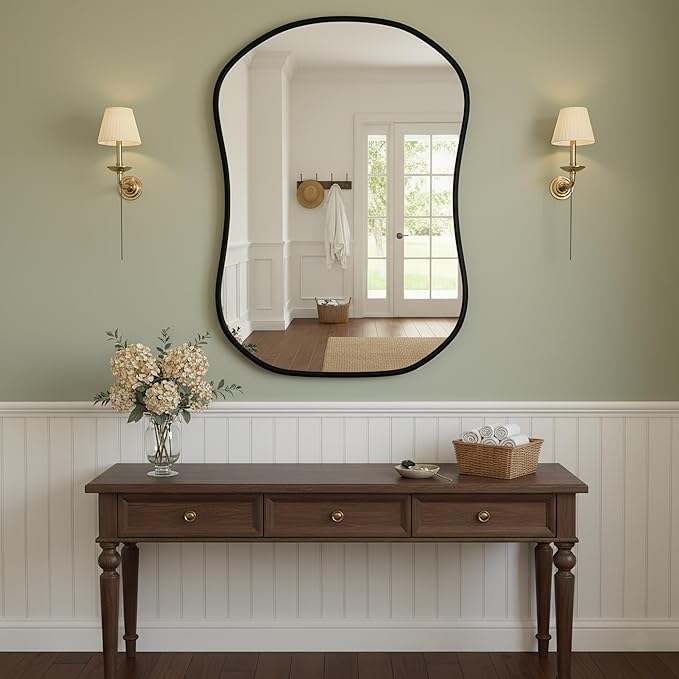 Asymmetrical Wall Mirror 24 * 32 Black Irregular Abstract Shatter-Proof Aluminum Alloy Decorative Wavy Framed Makeuop Mirrors for Bathroom, Bedroom, Cloakroom, Entryway