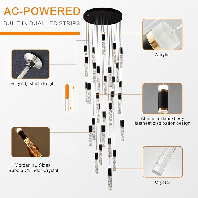 Large Chandelier for High Ceiling Long Crystal Modern Foyer Chandelier Hallway Dimmable Pendant Light for Entryway