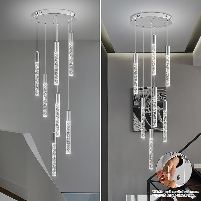 7-Lights High Ceiling Crystal Chandelier, Modern LED Raindrop Pendant Light Fixture 60" H Flush Mount Chandelier Chrome for Foyer Staircase Living Room