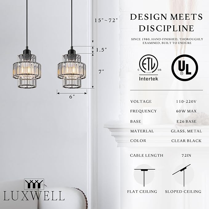 Modern Crystal Chandelier, 6"x7" Classic Crafted Pendant Light, Glass & Metal Hanging Light for Innovative Small Space Use in Dining Room, Kitchen Island, Bedroom, Living Room - Obsidian