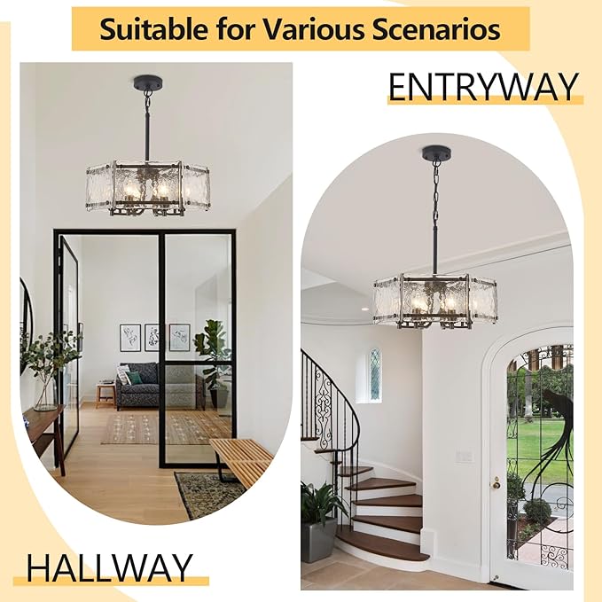 6-Light Black Glass Chandelier, 18.7" Modern Textured Glass Drum Chandelier for Dining Room, Farmhouse Round Hanging Light Fixture for Dining Room Kitchen Island Living Room Hallway Bedroom