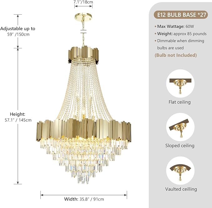 Large Gold Luxury Crystal Chandeliers, 27-Light Empire Crystal Chandelier Light Fixture Modern High Ceiling Hanging Chandelier for Foyer,Staircase,Front Entry,Entryway (D36''×H57)